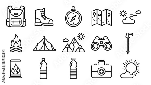 Collection of outdoor adventure and hiking icons in a clean line art style.