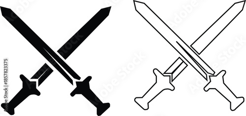 Black sword icon set in flat and line style, crossed blade weapon silhouette featuring medieval combat symbols and fantasy warfare graphic minimal monochrome arms vector pack with synonym elements