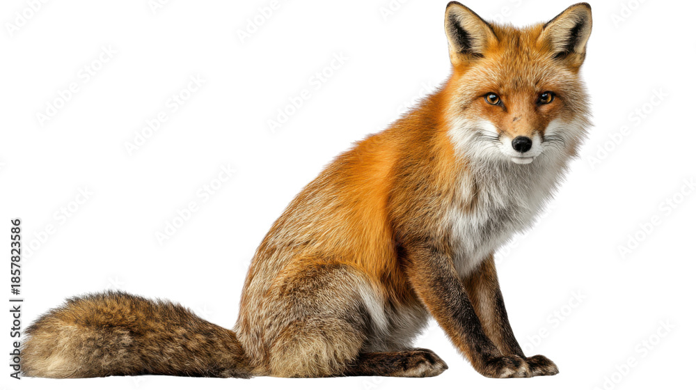 Fototapeta premium Red fox sitting, looking forward with natural posture, orange fur, fluffy tail, transparent background