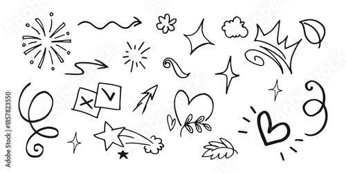 Collection of hand drawn doodles and symbols including stars hearts and abstract shapes