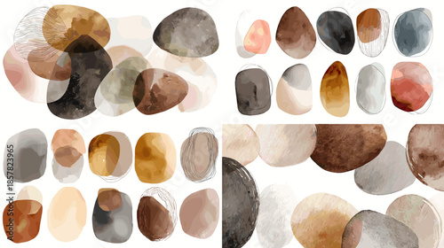 Organic watercolor stone shapes with soft transparency and natural tones, abstract pebble illustrations isolated on white background for modern decor branding and artistic design use