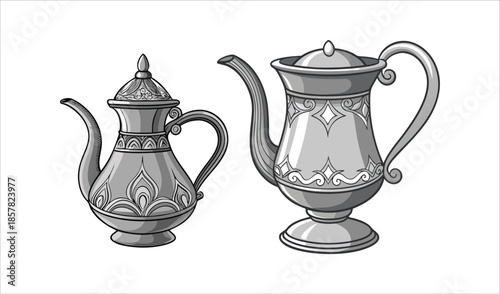 Two ornate, vintage-style teapots with decorative patterns and elaborate handles, isolated on white