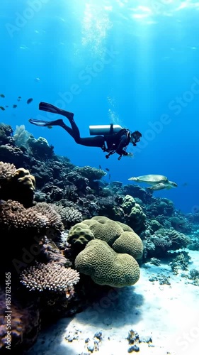 Wallpaper Mural Underwater Scuba Diver Explores Colorful Coral Reefs and Marine Life in Ocean. Torontodigital.ca