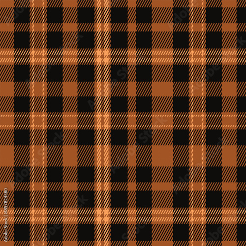 Seamless repeating black brown plaid or checkered textile pattern perfect for fashion apparel, upholstery, and fabric design projects