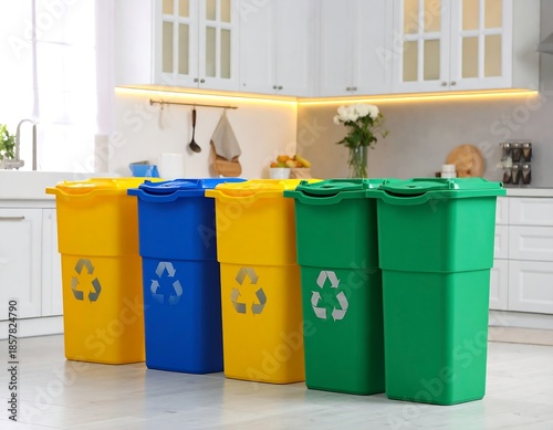 Trash & recycling bins (yellow, blue, green) stand in a bright, clean kitchen. Recycle logo on each