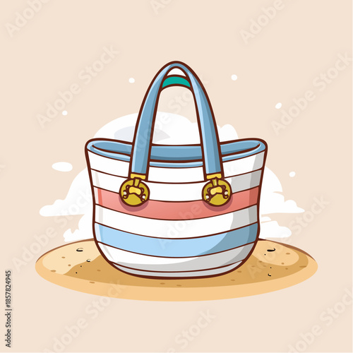 Charming illustration of a cheerful striped beach tote bag placed on the sandy shore, symbolizing carefree summer vacations, seaside relaxation, and holiday fun