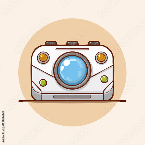 A charmingly illustrated retro-style camera icon featuring a classic lens and minimalist design, perfect for photography enthusiasts and creative projects requiring a nostalgic visual element