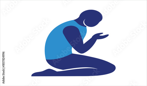Stylized Silhouette of a Person Kneeling in Prayer or Supplication with Open Hands, Blue and Teal Tones