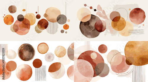 Abstract watercolor circle composition with layered transparent shapes in warm earthy tones. Modern artistic background suitable for branding posters and creative design layouts.