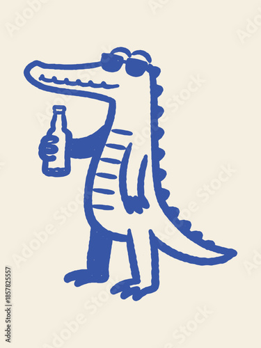 Crocodile holding bottle naive doodle vector illustration