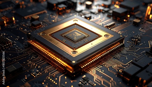 Ornate CPU chip with gold trim on a circuit board with illuminated paths