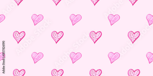 Seamless watercolor heart pattern with hand-drawn pink hearts, stripes and dotted textures on soft pink background. Romantic repeating design for Valentine’s Day, weddings, stationery and fabric.