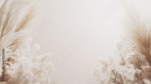 Neutral toned pampas grass and dried floral arrangement with blank space.