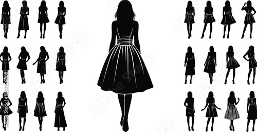 Women dress silhouette collection, fashion pose icons, black garment clipart, stylish outfit design, walking figure illustration set