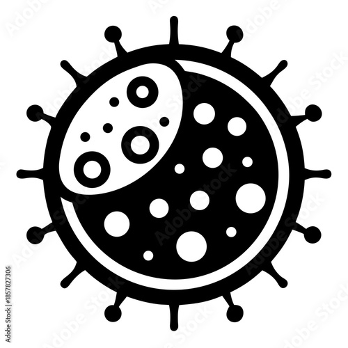 Title: Abstract of a virus particle with a round body and multiple protruding spikes in black and