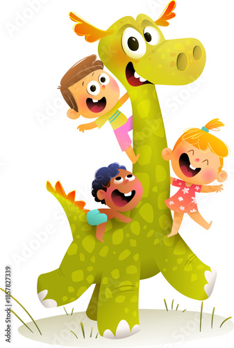 Happy children playing with imaginary dinosaur friend, climbing and riding a dino. Kids and dinosaur play together, imaginary childhood adventures cartoon. Vector illustration for children.
