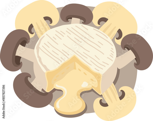 A charming illustration showcases a wheel of aged Brie cheese with oozing interior, surrounded by mushrooms.  A delightful food image, perfect for culinary or lifestyle themes.
