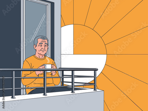 An elderly man relaxes on a balcony, enjoying a cup of tea. Warm colors and a serene expression evoke tranquility. Perfect for wellness and lifestyle visuals.