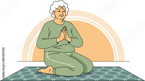 An elderly woman practices yoga in a serene setting. She sits in a meditative pose, conveying peace and wellness. Soft colors and a calming atmosphere.