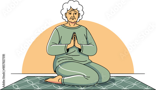 An elderly woman practices yoga in a serene setting. She sits in a meditative pose, radiating peace and wellness. Soft colors and a calming backdrop create a visually appealing image.