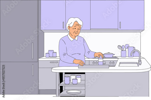 An elderly woman prepares a meal in her modern kitchen. She?s smiling and focused, enjoying a simple, comfortable daily activity. Warm, inviting scene.