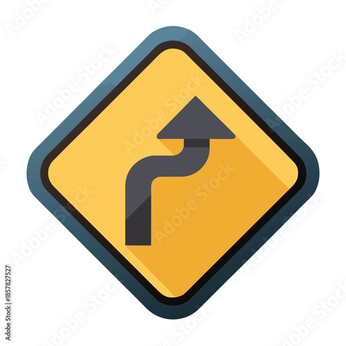 Title: Yellow diamond-shaped road sign with a black arrow indicating a right turn ahead