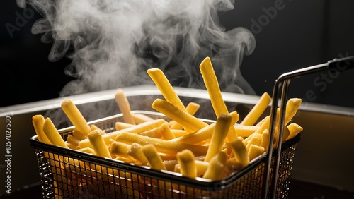 Golden Fried: A close-up shot of freshly cooked, golden-brown french fries, steaming invitingly, held in a metallic basket. Capturing the essence of a simple comfort food.