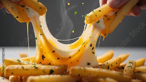 Golden Fries and Melted Cheese: Close-up of crispy golden fries and gooey, melted cheese, a mouthwatering composition.