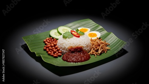 Nasi Lemak Culinary Delight: Nasi Lemak, a fragrant rice dish served on a banana leaf with accompaniments of eggs, peanuts, cucumber, chili, and dried fish.