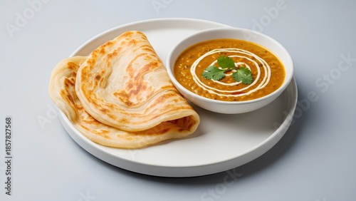 Savoring Culinary Delight: A tempting shot of a freshly prepared bowl of lentil curry accompanied by freshly baked layered flatbread.