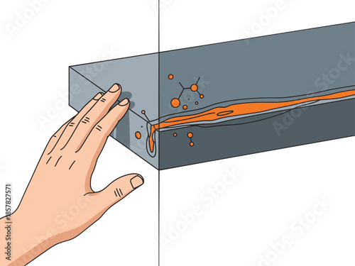 A hand applies sealant to a concrete block, showcasing a crack with visible resin repair. Illustrative, detailed, and focused on structural integrity.