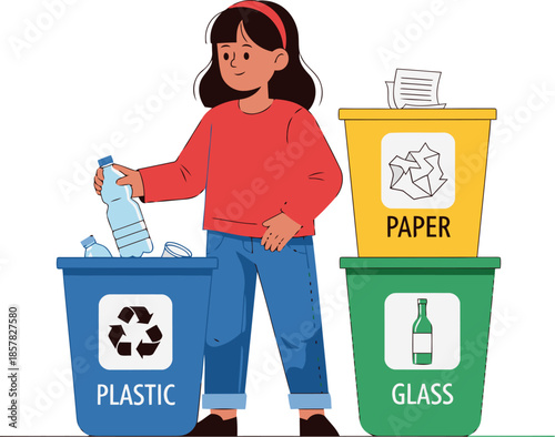 A young girl sorts recycling ? plastic, paper, and glass ? promoting environmental awareness. Clean, bright illustration with a focus on sustainability. Perfect for educational materials.
