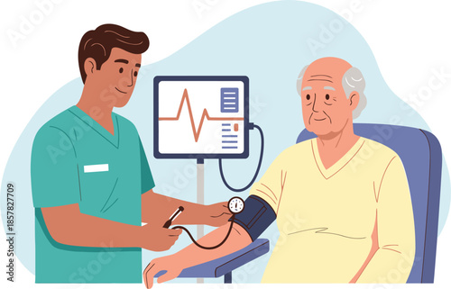 A healthcare professional checks an elderly patient's blood pressure. A clear ECG monitor displays a heart rate graph. Professional medical setting.