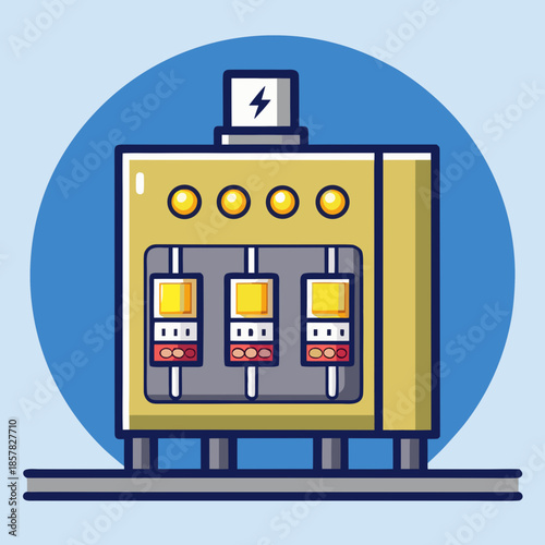 Title: Yellow electrical panel with three switches and four indicator lights on a blue circular