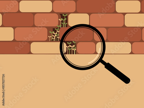 A magnifying glass reveals seedlings growing through a brick wall, symbolizing Bio Innovation Now. A striking visual metaphor for growth and resilience.