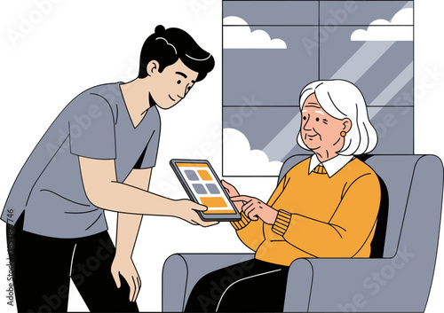 A young man teaches an elderly woman how to use a tablet. They share a moment of connection, highlighting intergenerational digital learning. Warm, friendly scene.