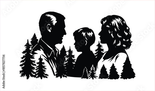Family Silhouette in Forest - Parents and Child Surrounded by Evergreen Trees - Vector Art
