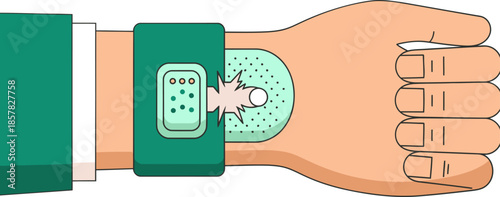 A medical device stimulates wound healing on a hand.  Clear illustration showcasing advanced technology for skin repair. Modern, clean design.
