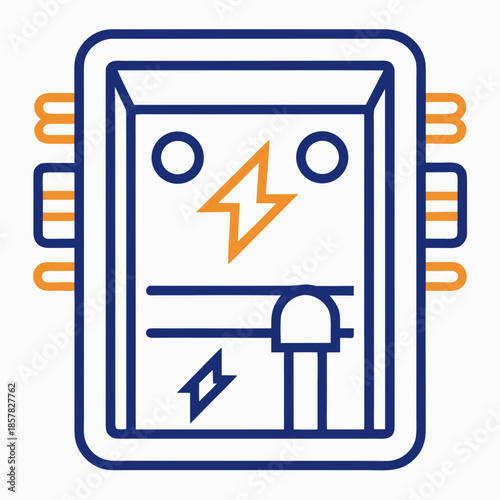 Title: Blue and orange electronic component with lightning symbol and circuit pins on white