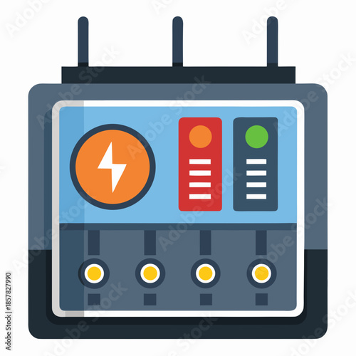 Title: A modern electrical control panel with orange and green buttons and switches on a blue