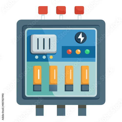 Title: A modern electrical control panel with orange and white buttons and switches on a blue