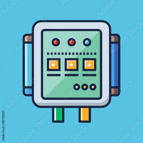 Title: A stylized of a control panel with buttons, switches, and indicator lights on a blue