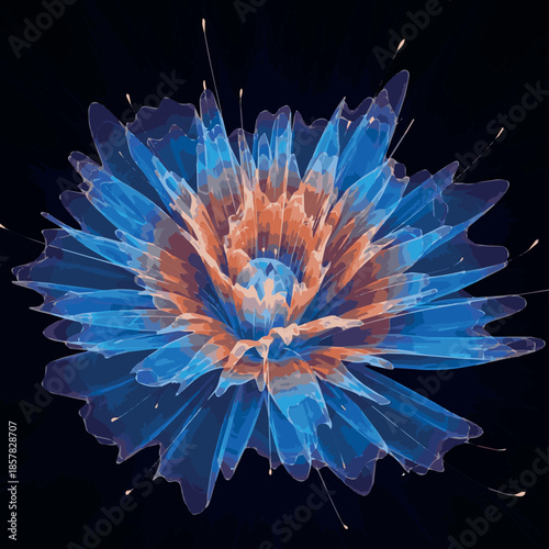 An abstract flower-like shape made of translucent materials, featuring shades of blue and orange against a dark background.