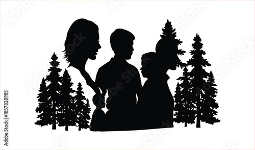 Silhouette of a diverse family group standing together amidst evergreen trees in a stylized design.