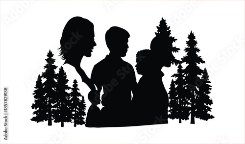 Silhouette of a family with children and pine trees in a forest setting