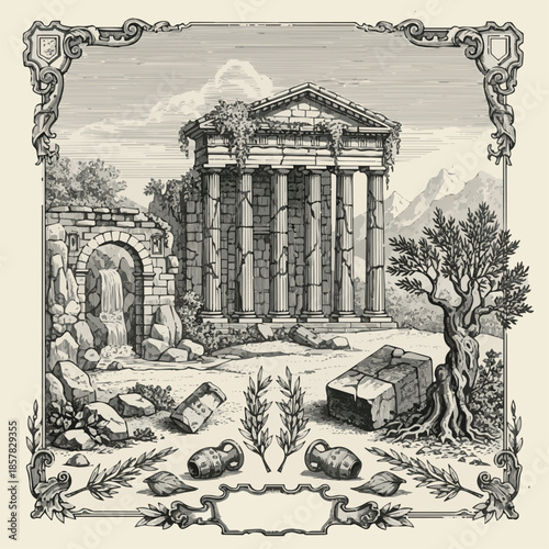 create on Engraved decorative illustration of ancient ruins landscape for historical design
