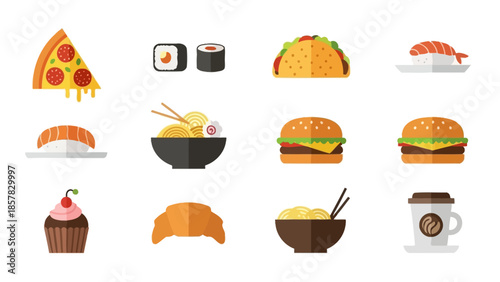 Assorted Food Icons in Flat Design Style.
