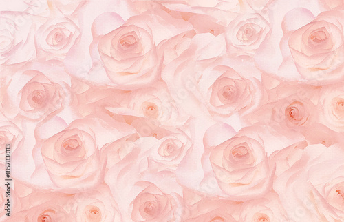 A classic floral wallpaper design featuring white and dusty pink roses with grey leaves set against a textured light grey background.