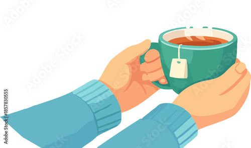 A flat illustration shows two hands in blue sleeves holding a steaming green cup of tea with a hanging teabag against
