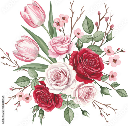 Seamless vintage floral pattern featuring a pink rose bouquet with green leaves and blossoming buds on a white background for wedding card designs and Valentine love decorations